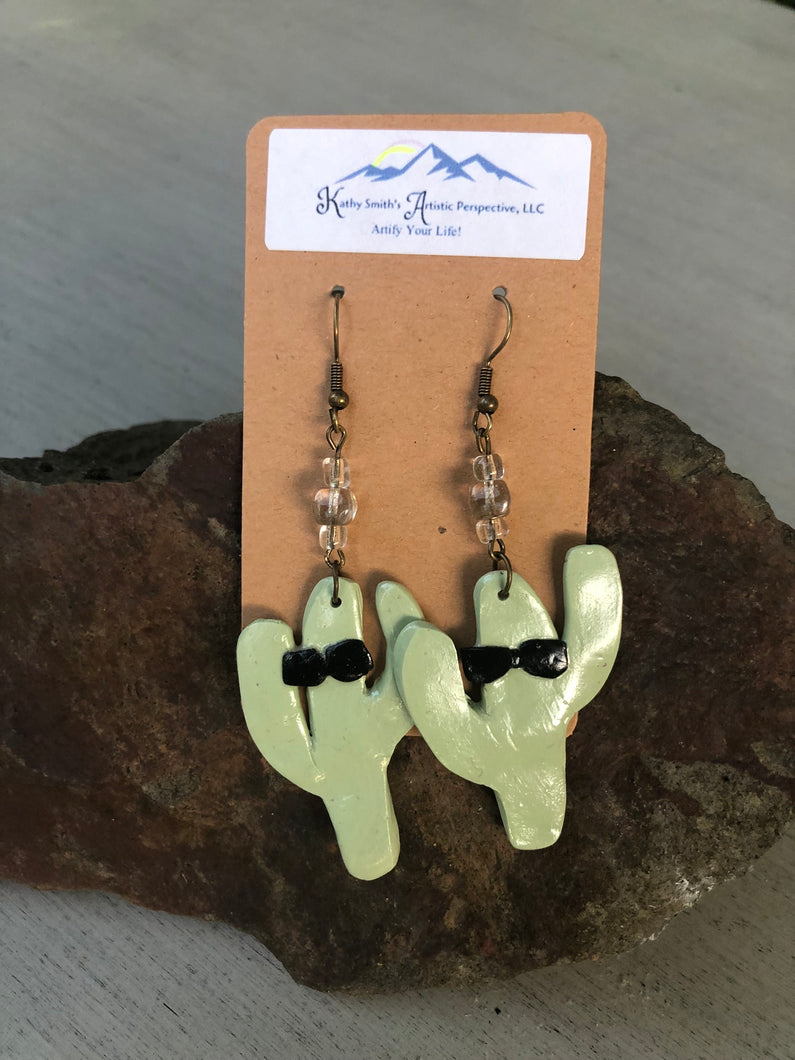 Green Cactus with Sunglasses Clay Earrings