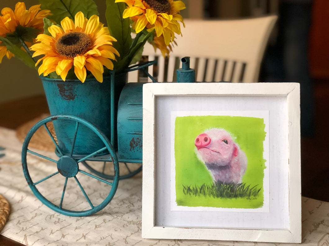 Watercolor print Pink Pig in white-wash frame.